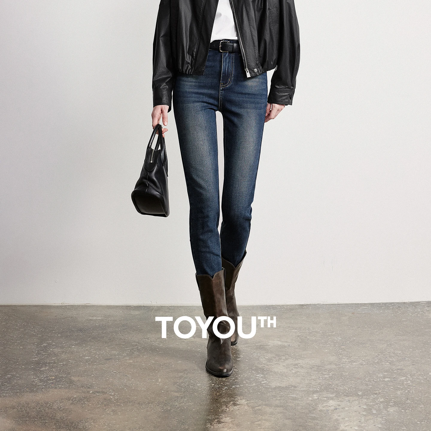 

TOYOUTH Women Shaping Denim Jeans 2026 Spring New Black Label Lycra 4-Way Stretch Gray-Blue Slim Tapered Ankle-Length Pants