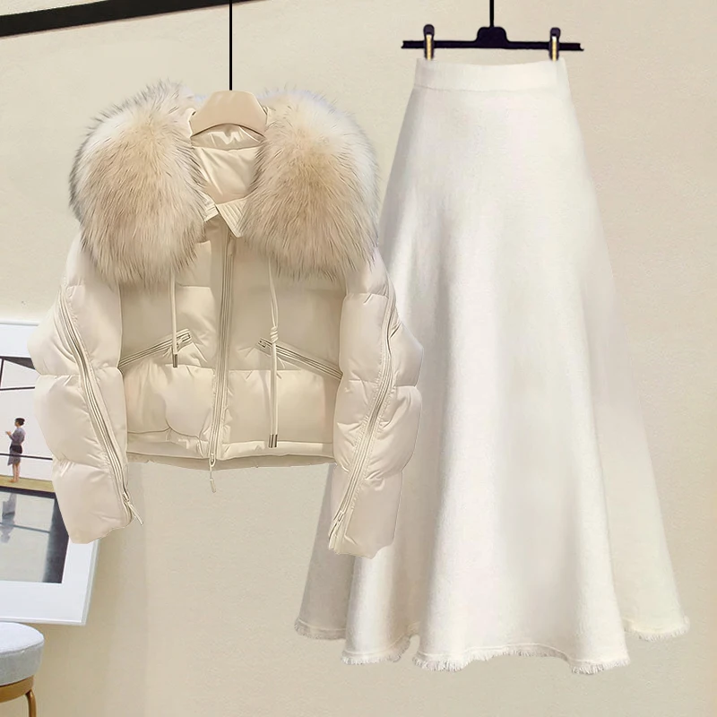 

Faionable Winter Outfit Women's Sli Cotton Jaet with Large Fur Collar And Slimming f Skirt Set Casual Sle Two-Pi...