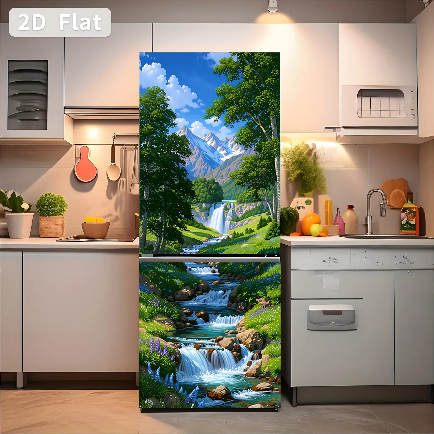 Refrigerator Sticker Mountain Stream Scenery Themed Design Wall Decal Self-Adhesive Wallpaper Suitable for Cabinets and Wardr