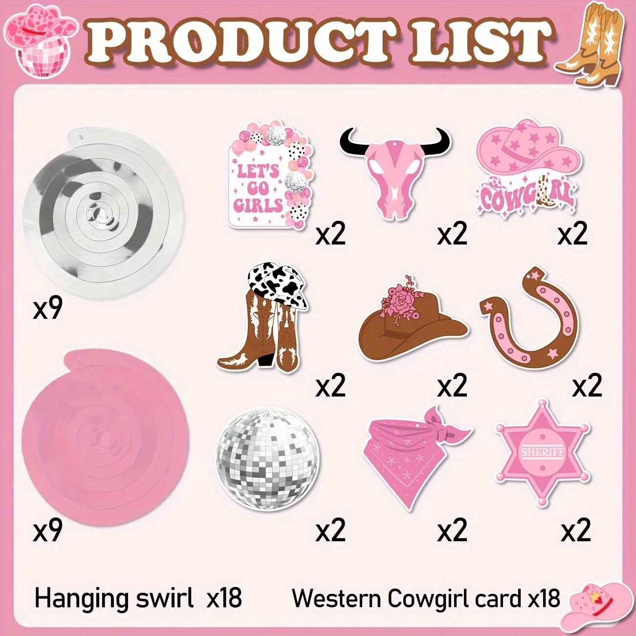 36Pcs Western Cowgirl Party Hanging Decorations, Pink Let's Go Girls Cowgirl Bachelorette Party Decorations for Western