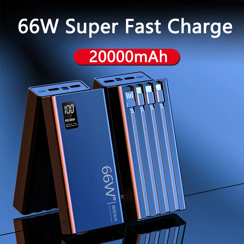 66W Super Fast Charging Power Bank 20000mAh with 2 USB LED Portable Charger for iphone 16 15 Samsung Huawei Powerbank with Cable