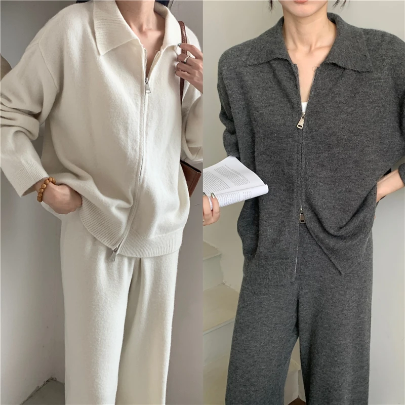 

Autumn Winter Knitted Sweater Pants Two Piece Set New Women Lapel Double Zipper Loose Thick Cardigan + Wide-Leg Trousers Suits