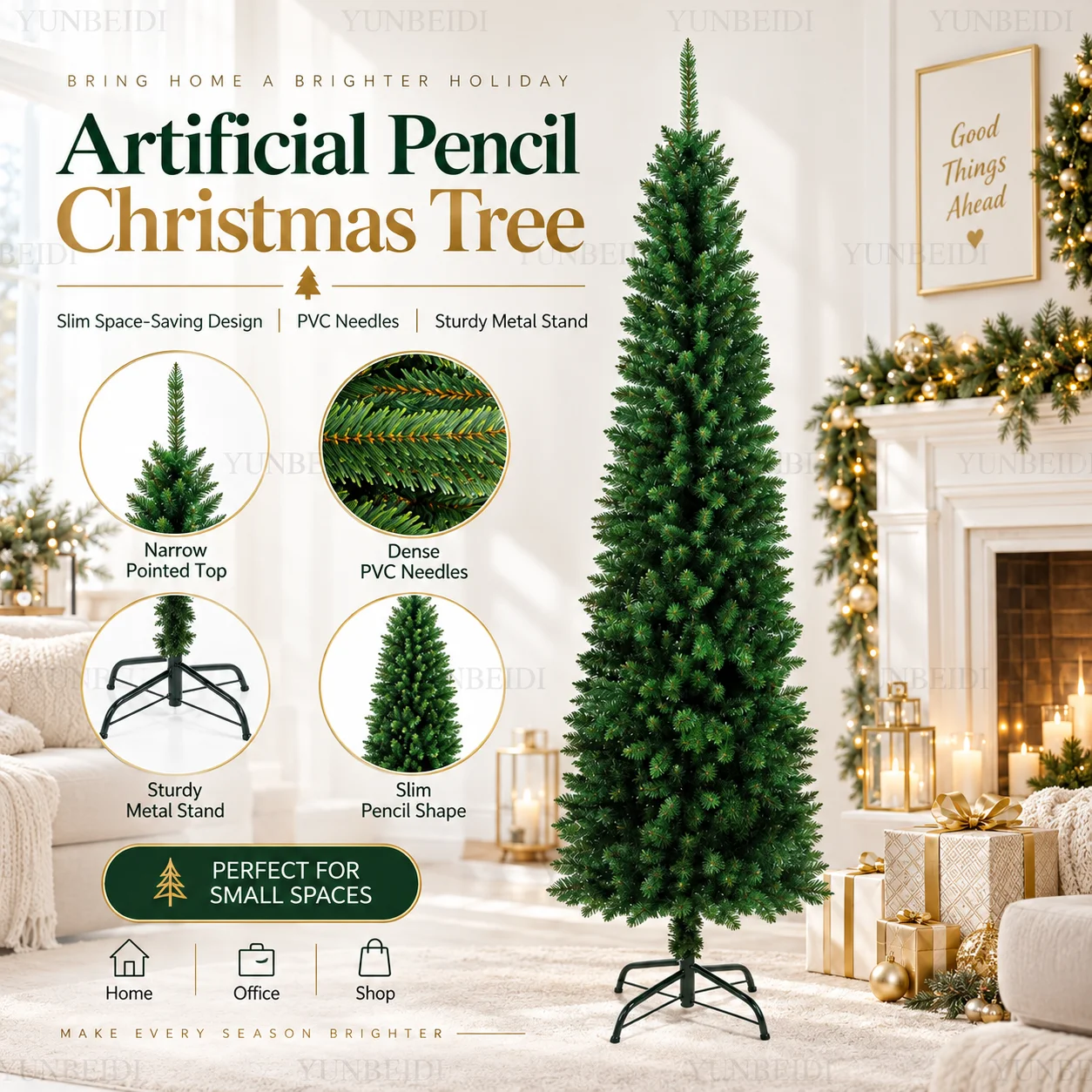 Künstlicher Bleistift-Weihnachtsbaum aus PVC, schlanker Weihnachtsbaum 120CM-210CM mit optionalem Metallständer, warmen LED-Lichtern, für Heim- und Partydekoration