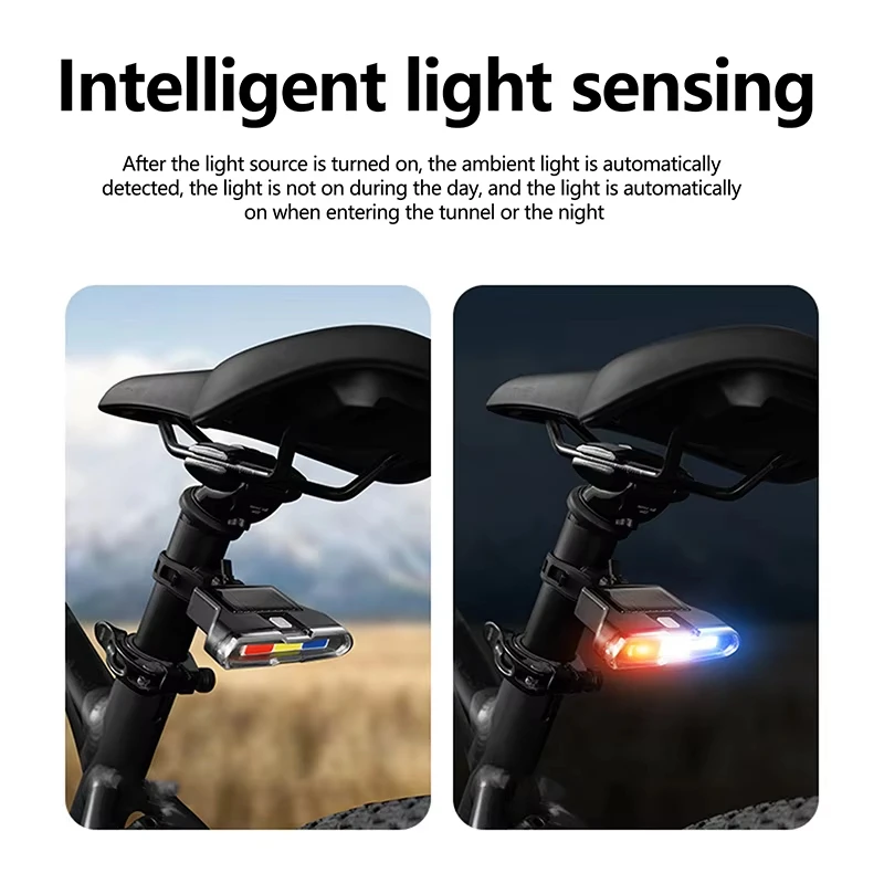 Bicycle Taillights Solar Charging Waterproof LED Mountain Bike Safety Taillights Waterproof Three Color Induction Warning Lights