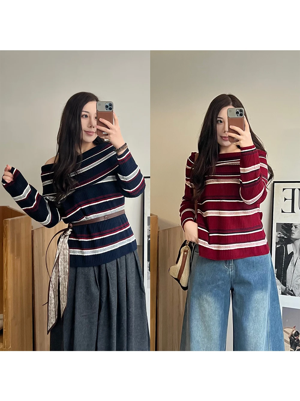 

Женский вязаный шерстяной топ больших размеров в полоску, модный, для повседневной носки, свободного кроя, с длинным рукавом, на одно плечо, весенний трикотаж