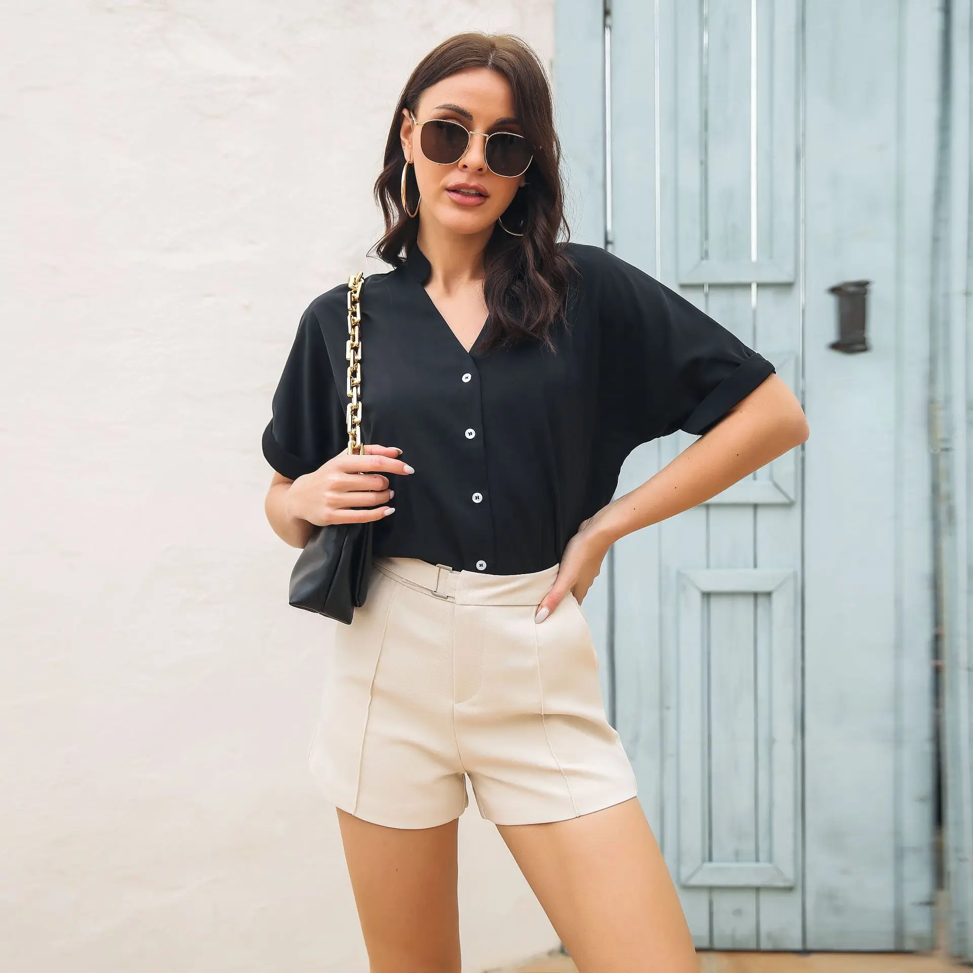 

2025 Button Office Lady Blouse Tops Summer New V-neck Pullover Short Sleeved Female Solid Color Casual Shirt Women's Clothing