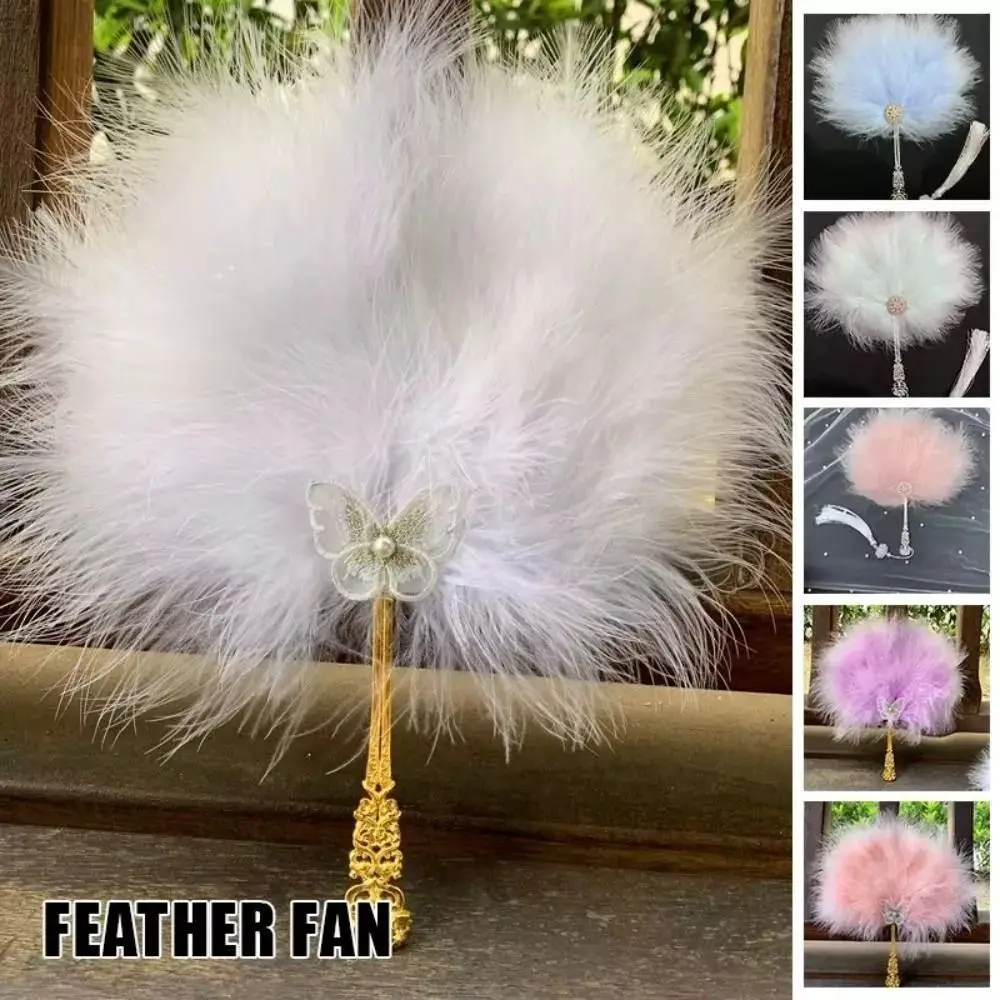 Vintage with Tassels Fairy Feather Fan Fluffy Colorful Craft Fan Foldable Photo Prop Dance Hand Fan