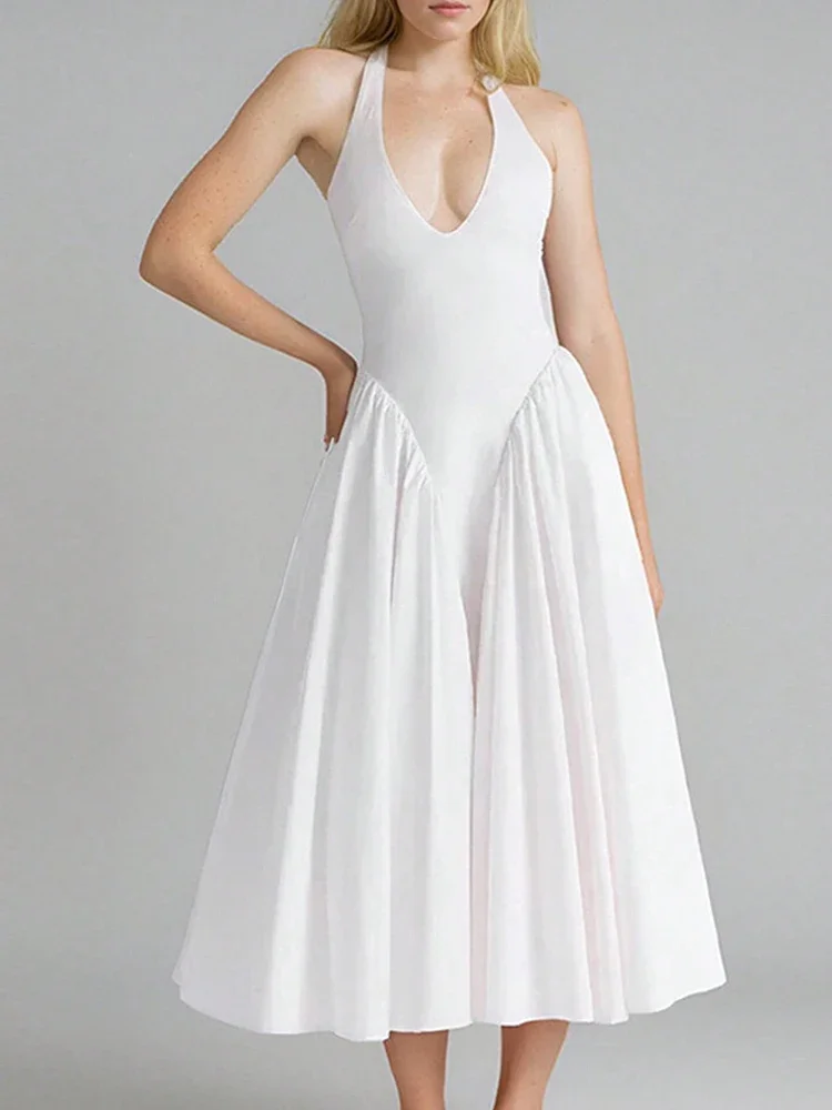 

Simple Halter Summer Dress For Woman Solid Deep V-neck A-line Maxi Long Dresses Elegant Women's Dresses Woman Clothing