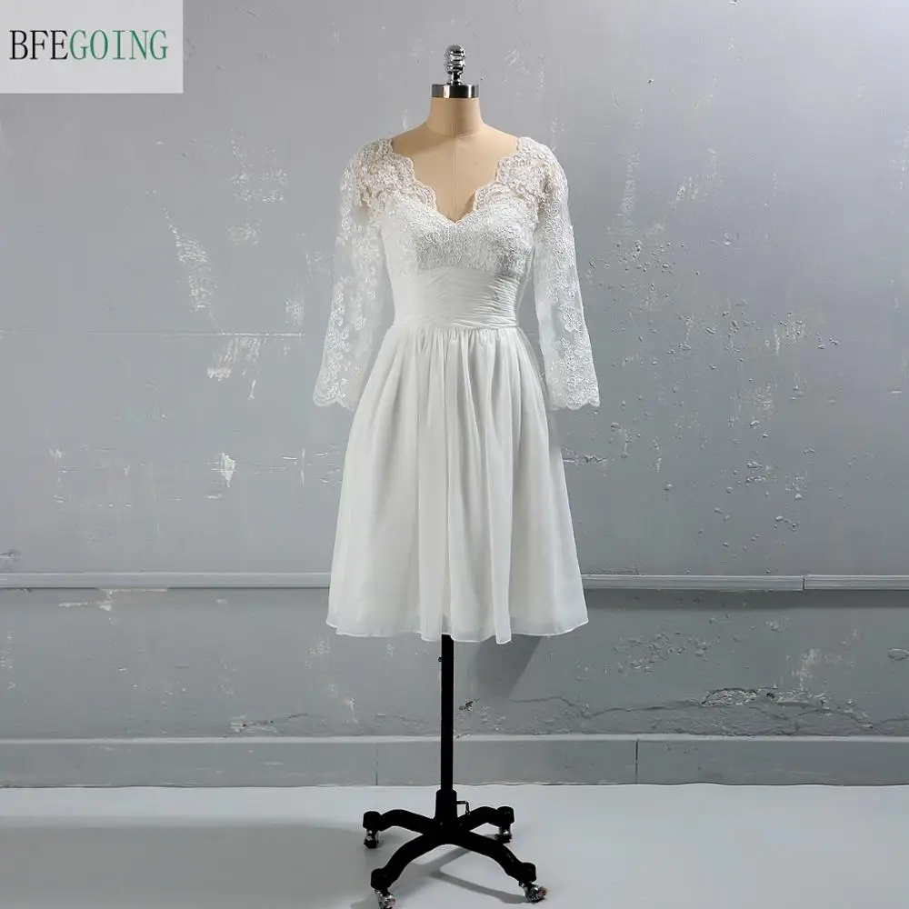 Laço branco chiffon mangas compridas com decote em v na altura do joelho a linha vestidos de casamento feitos sob encomenda vestidos de noiva curtos