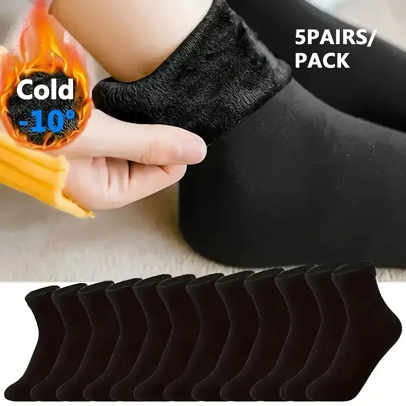 5 Paar Winter-Schneesocken, dick, warm, einfarbig, modisch, dick, Plüsch, weich, bequem, für den Außenbereich, kältebeständig, lässige Socken