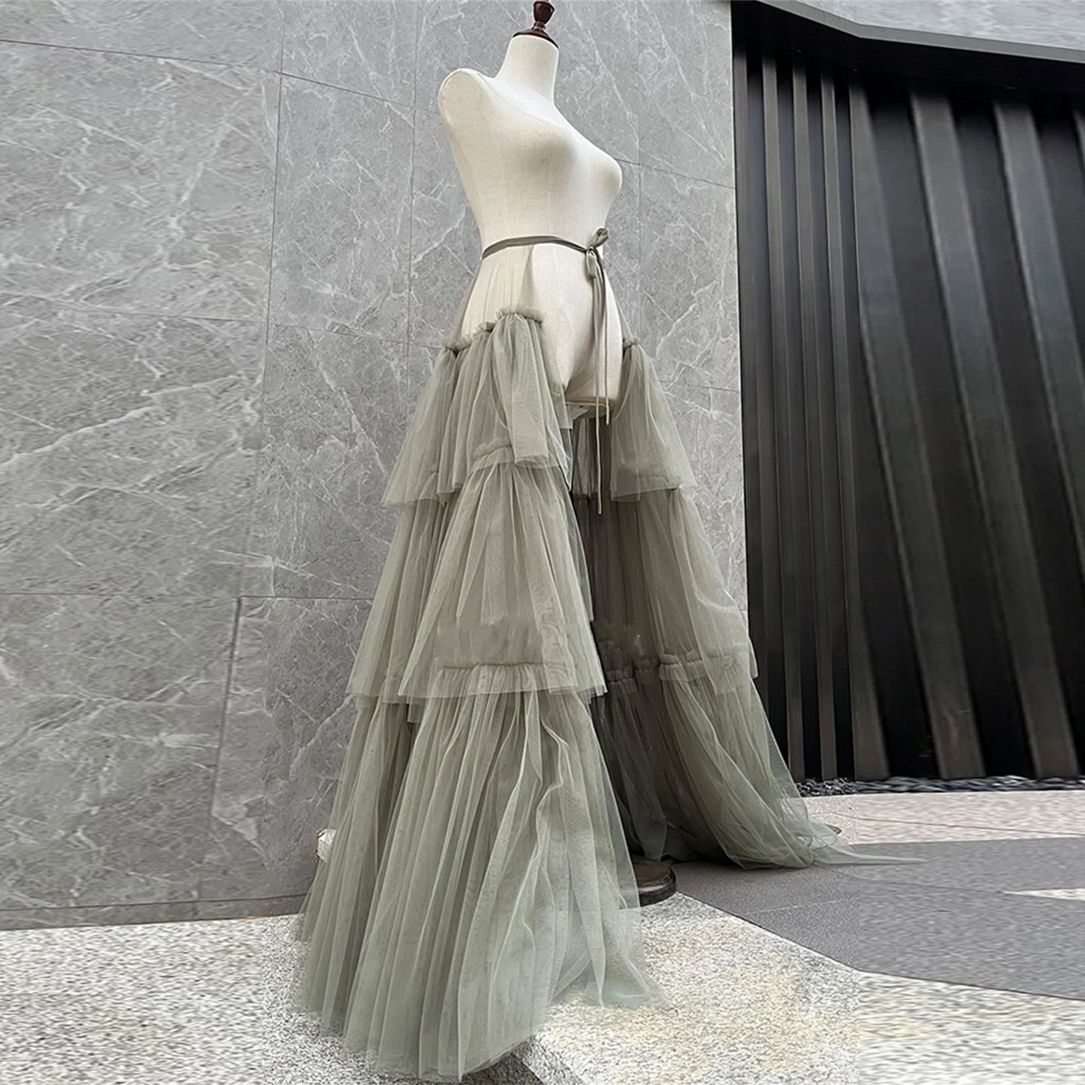 

Real Image Army Green Long Women Maxi Skirt Tiered Tulle Detachable Train Tutu Tulle Bridal Overlay Over Wrap Skirt