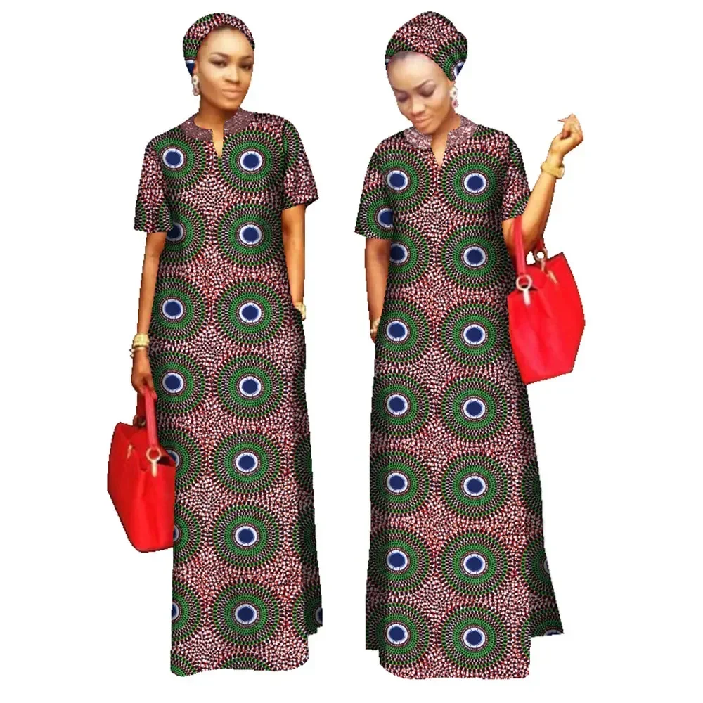 BRW African Print Clothing for Women Short Sleeve Outfits Woment Free Head Scarf Lady Long Dress Maxi Size WY843