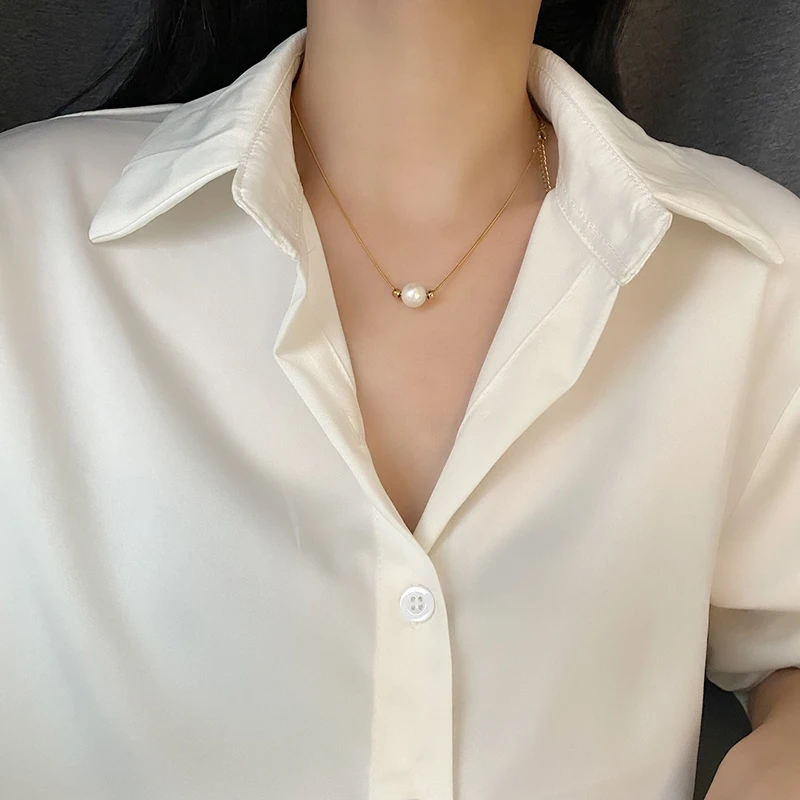 ANENJERY 316L Stainless Steel Pearl Necklace for Women Somple Niche Gold Color Clavicle Chain collares Jewelry Gift