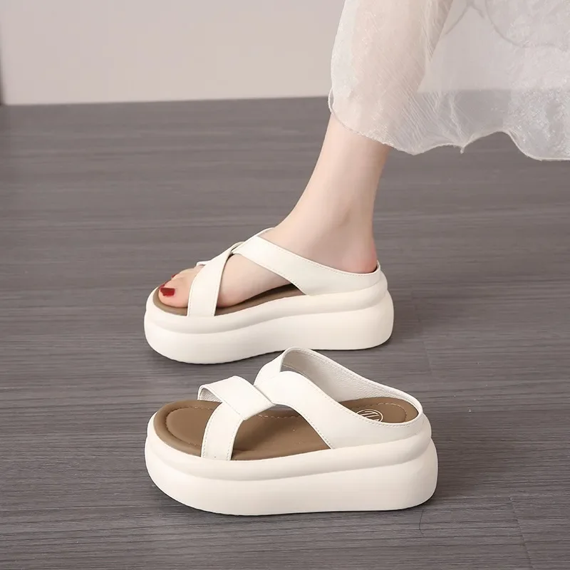 7.5CM Heels Summer Platform Sandals Breathable Leather Beach Slippers Women Walking Chunky Sandalias Casual Peep Toe Footwear