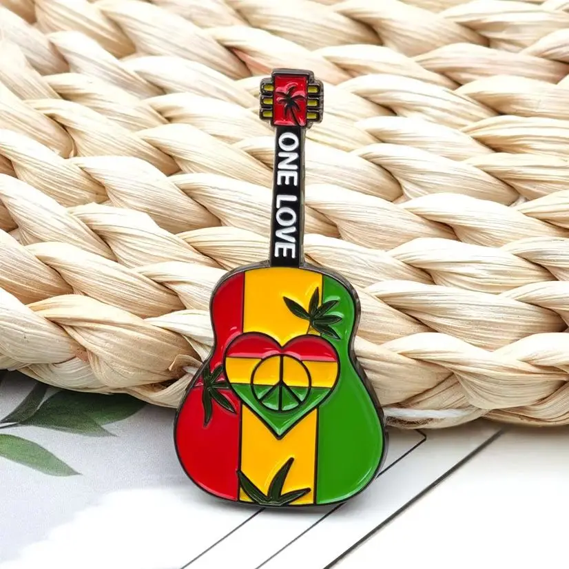 Bob Marley One Love Enamel Pin Rasta Colors Guitar Metal Badge Reggae Music Lapel Pins Peace Sign Heart Brooch for Clothes Backp