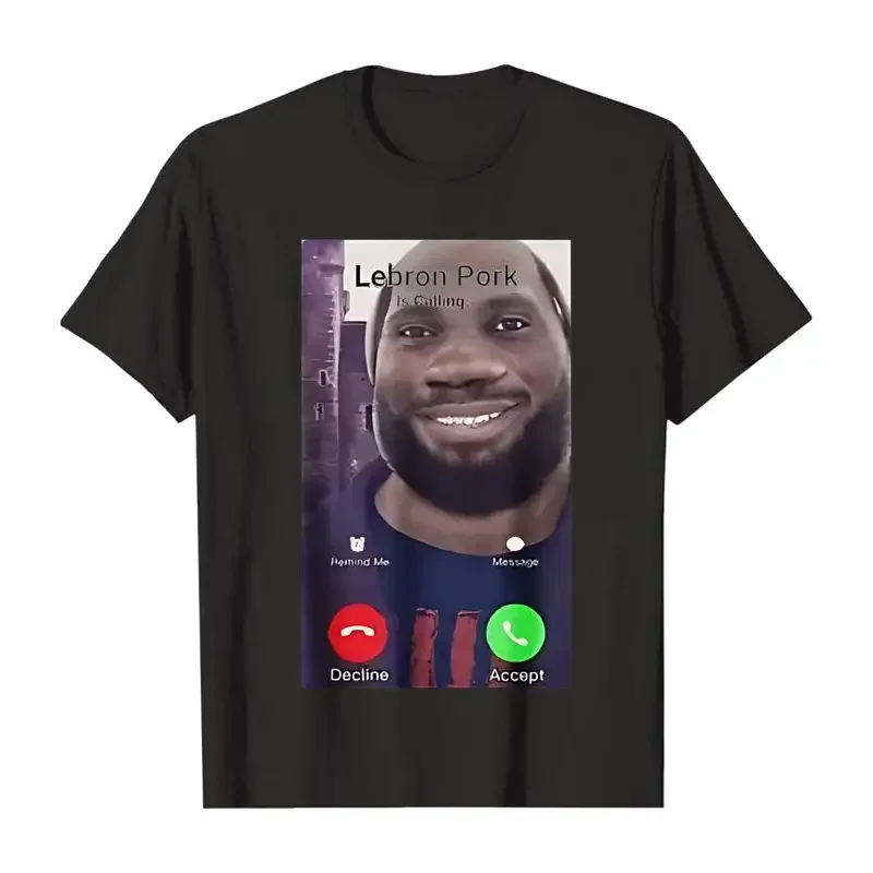 Men's Black Casual Lebron Hustle Print Short-Sleeve Unisex T-Shirt, Menswear Tops with Funny Pork Calling Phone Interface Graphic