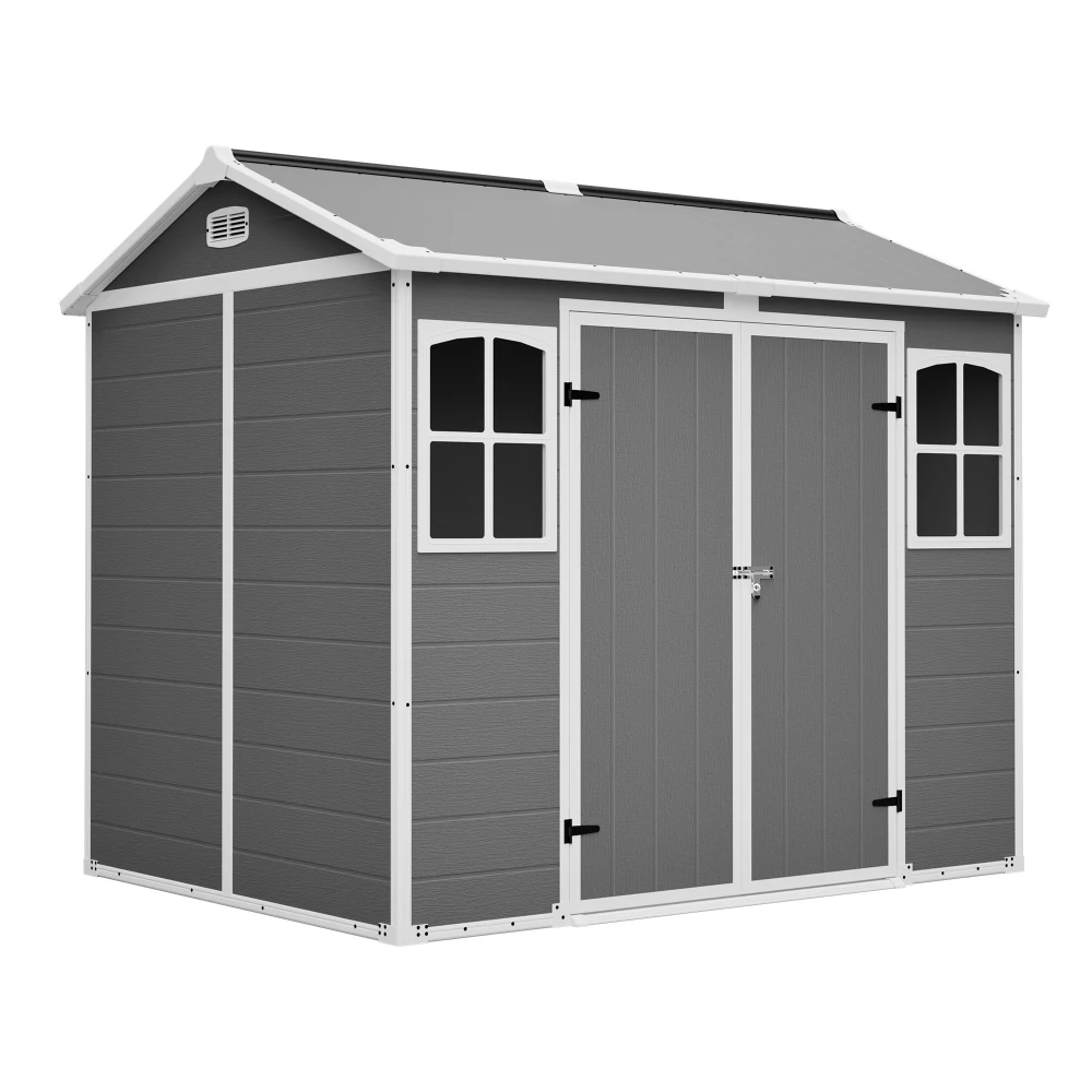 

8x6ft Plastic Utility Shed w/Floor: Lockable All-Weather Outdoor Storage (Garden Tools/Trash Bins, Gray-White)