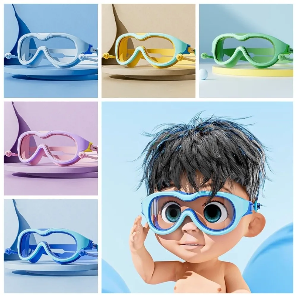 Large Frame Swim Goggles with Ear Plug PC Glass Swimming Goggles Vibrant Colors Anti Fog Diving Goggles Set Water Sports