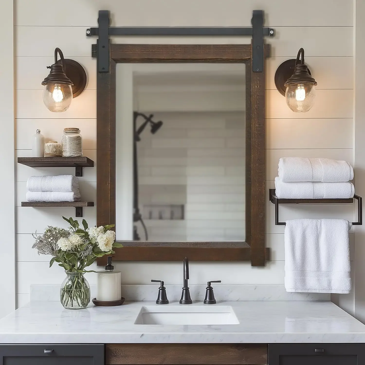

Rustic Bathroom Wall Mirror: 22"x30" Brown Barn Door Solid Cedar Wood Frame Vanity Mirror - Farmhouse Decor for Hallway/Living R