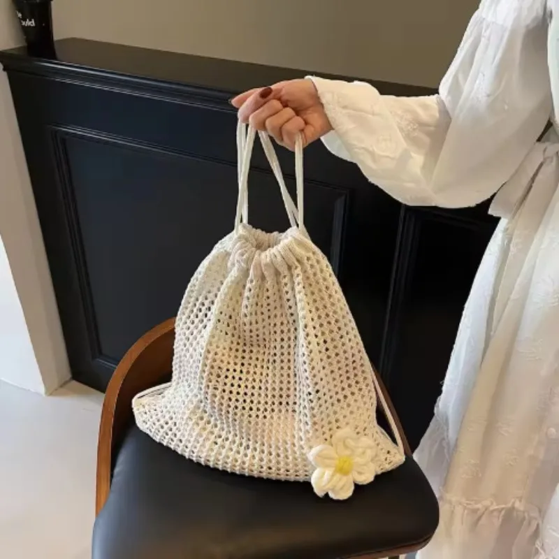 Easy Casual Knit Backpack Women'S New Fashion Drawstring Weave Rucksack Spring Summer All-Match Beach Bag