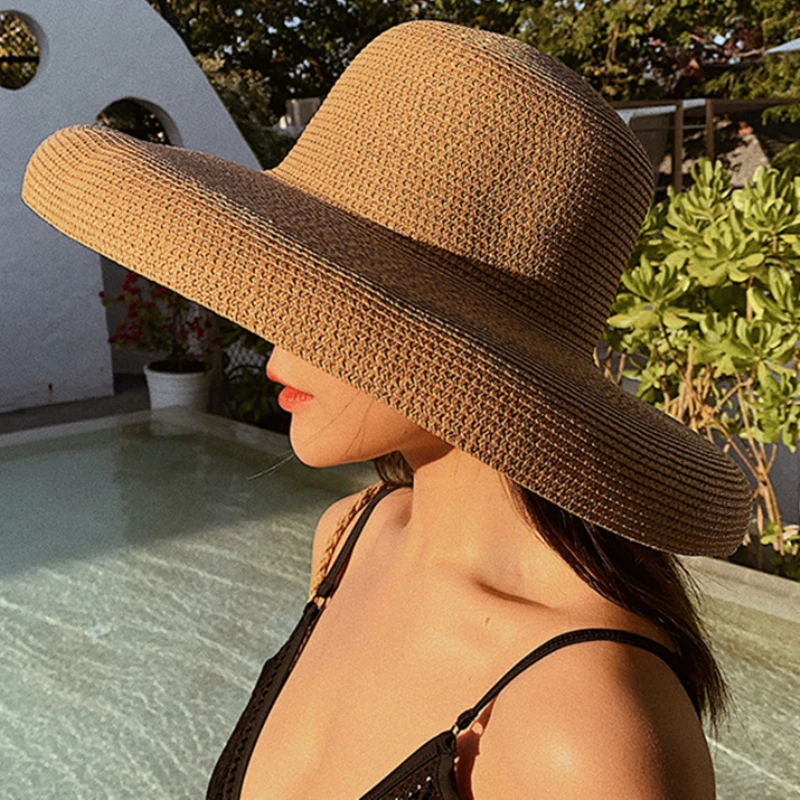 2023 New Summer Sun Hats Ladies Solid Plain Elegant Wide Brim Hat Female Round Top Panama Floppy Straw Beach Hat Women лето