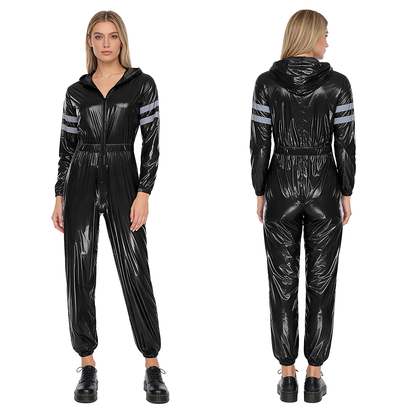 Womens Water Resistant Coveralls Romper High Visibility Reflective Strips Long Sleeves Hooded Jumpsuit for Traffic Control Wear