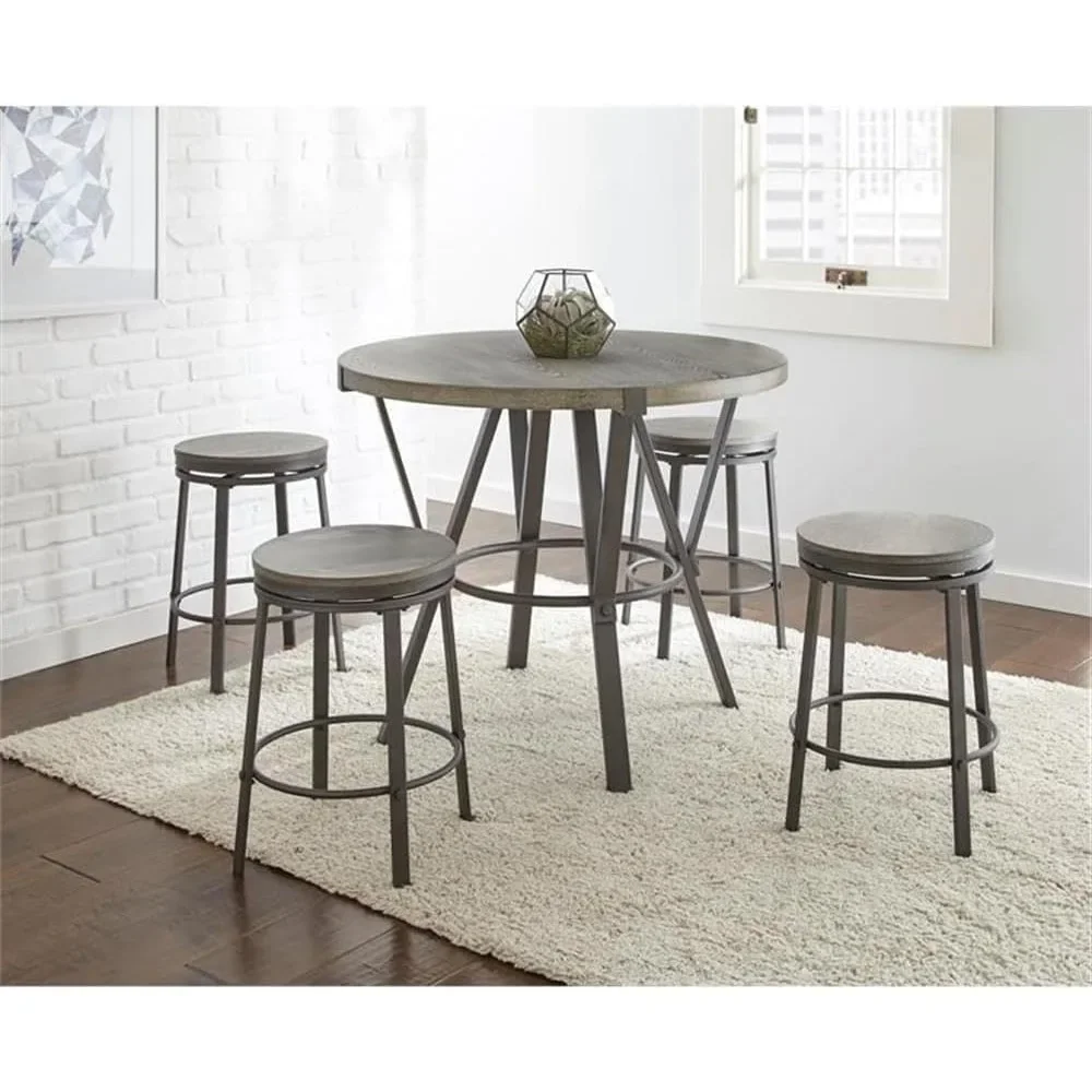 

Furniture Portland 5pc Counter Table Set, 42" Table w/ 4 Counter Height Stool, Dining Room, Ash Veneers and Iron Base and Legs