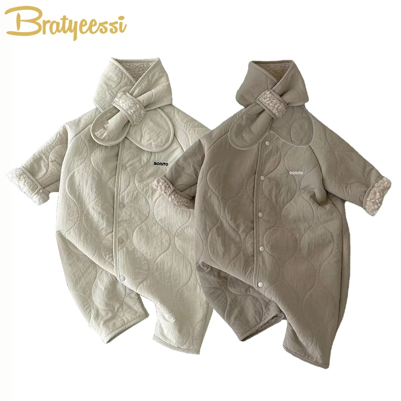 2Pcs Baby Jumpsuit Scarf Set Autumn Winter Korean Toddler Outfit Suit Lamb Wool Loose Newborn Onesie Infant Boy Girl Clothes