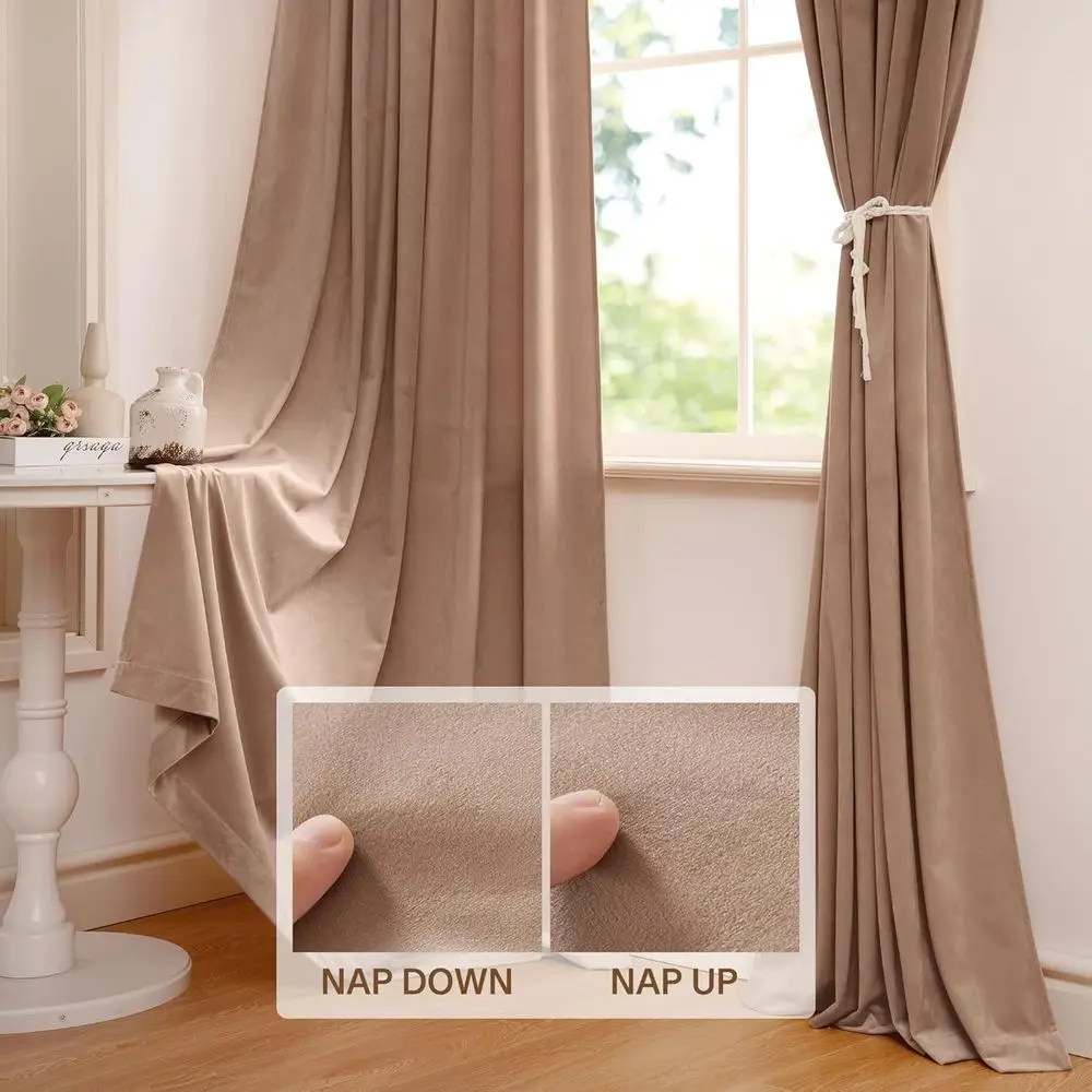 Thermisch geïsoleerde 102 beige fluwelen gordijnen voor kinderkamer, slaapkamer, woonkamer - B52 x L102, 2 panelen