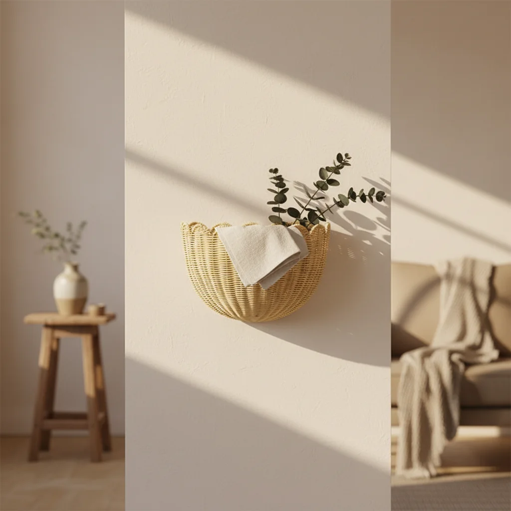

Wicker Wall Storage Basket Handwoven Plastic Rattan for Home Organization and Decoration 40.5x28cm