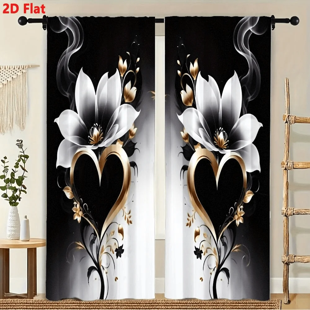 

2Pcs Curtains White Flowers Golden Stamens Glossy Window Drapes for Bedroom Living Room Decoration Window Treatment.