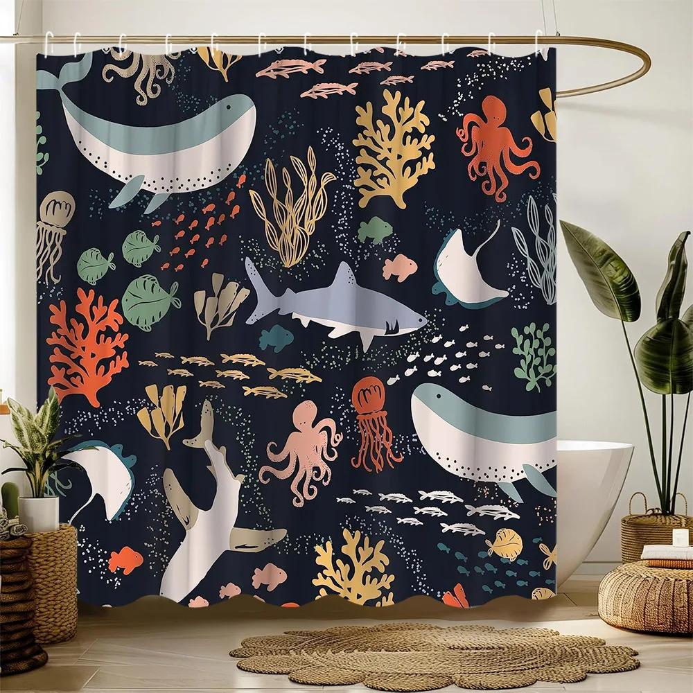 

Cartoon Fish Shower Curtain Ocean Underwater World Coral Whale Turtle Blue Modern Home Polyester Fabric Bathroom Decor Curtains