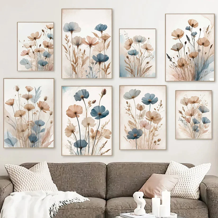 Vintage Blue Beige Wild Flowers Minimal Botanical Farmhouse Art Poster Canvas Painting Wall Print Picture Living Room Home