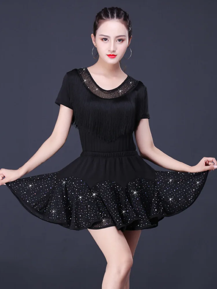 Adult Women Latin Tops And Skirt 2pcs Set Short Sleeved Stage Clothing Ballroom Samba Cha Cha Dancing Practice 2024 Summer