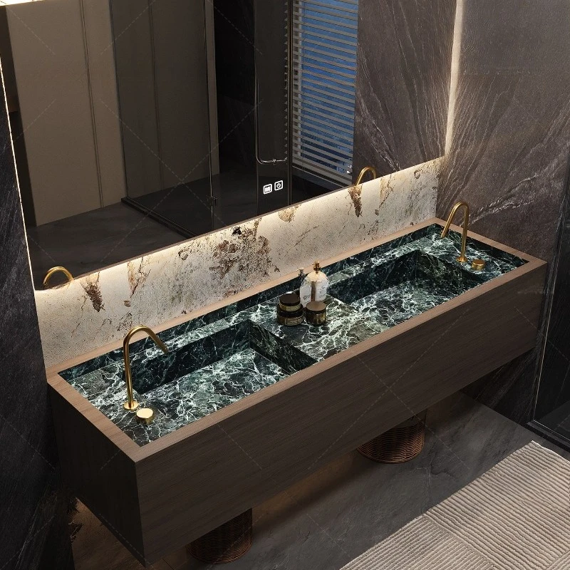 Bathroom cabinet rock slab integrated seamless basin, bathroom light luxury high-end hand and face washing table double basin