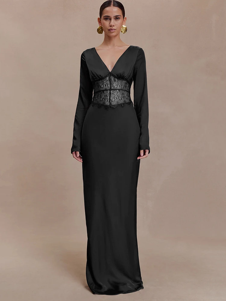 Sibybo – robe Maxi en Satin et dentelle pour femmes, décolleté en V profond, Patchwork, Sexy, manches longues, transparente, moulante, tenue de mariage, robes de soirée élégantes