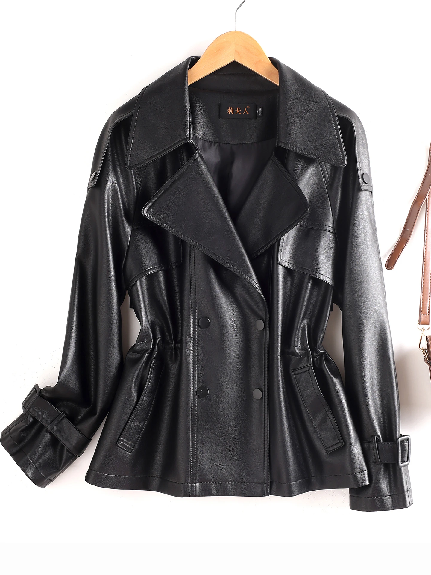 

Vintage Sle Women's ort Leather Jaet Double Breasted Waist Cinched Bla Faux eepskin Coat Slimming Effect Spring Autumn