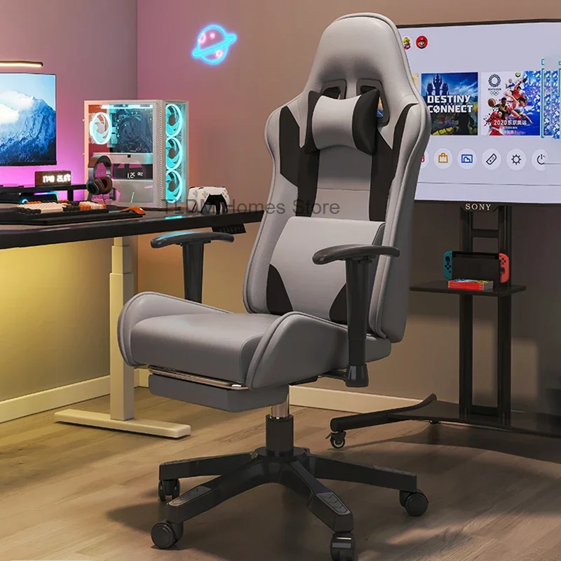 Bequemer Bürostuhl mit Fußstütze, ästhetischer mobiler ergonomischer grauer Gaming-Stuhl, stilvolle Silla-Gamer-Wohnmöbel mit hoher Rückenlehne