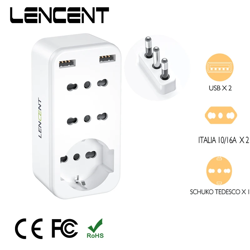 LENCENT Multi Power Socket 5 in 1 German Wall Multi Socket Plug Adapter with 3 AC Outlets+2 USB Ports 16A 4000W for Home Travel