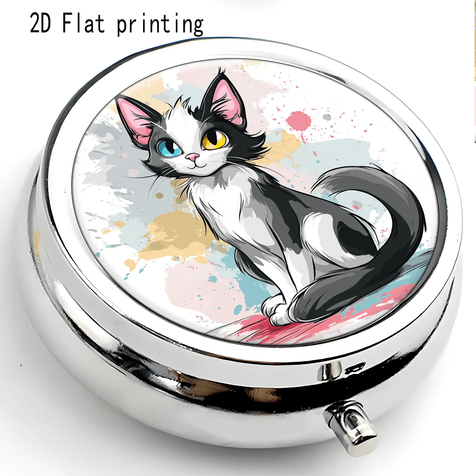 Cartoon Illustration of a Black and White Cat with Different Colored Eyes in Watercolor Splash-Ink Style, Round Three-Compartment Small Medicine Box, Portable Medicine Storage, Small Jewelry Storage, Suitable for Handbags or Travel, Holiday Gifts, Souvenirs, Prizes, Small Gifts, Suitable for Personal Use or as an Exquisite Gift Option