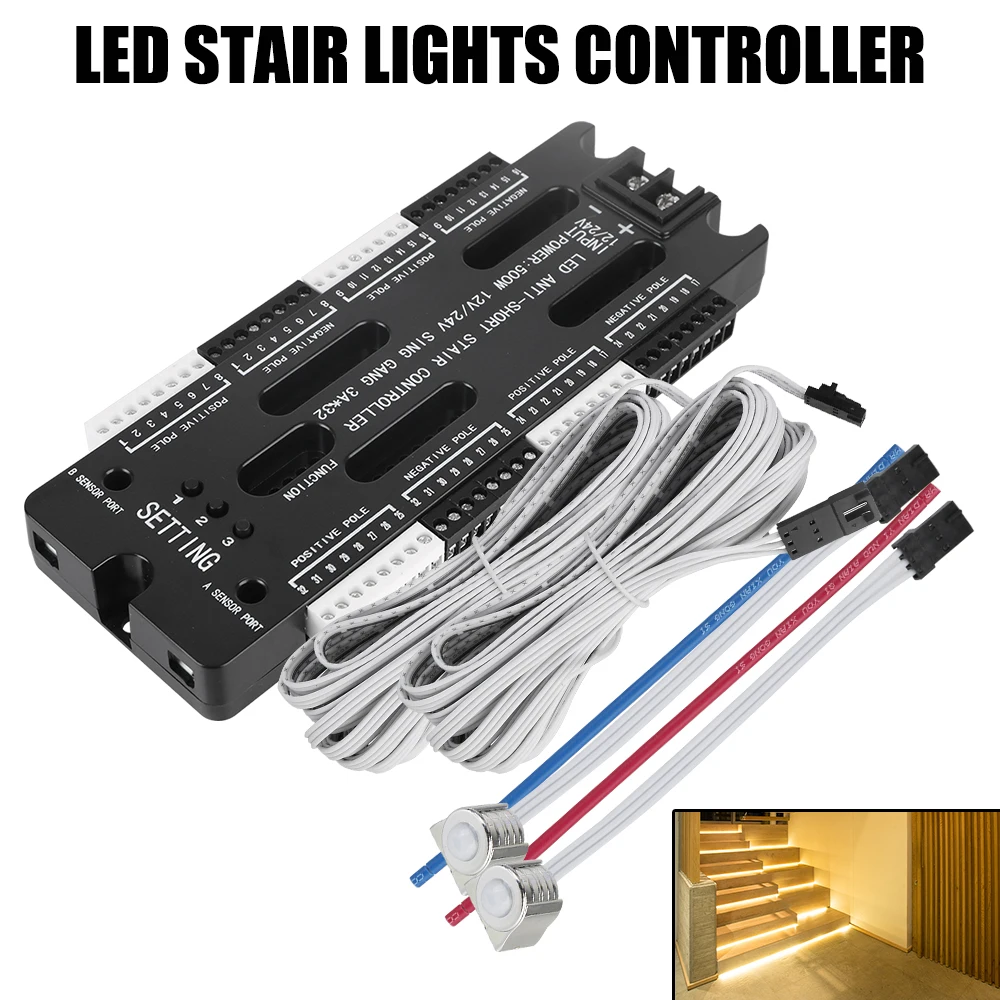 Czujnik ruchu LED 32 kanały do schodów Elastyczny pasek Regulowana jasność Zestaw kontrolera oświetlenia schodowego DC 12 V 24 V