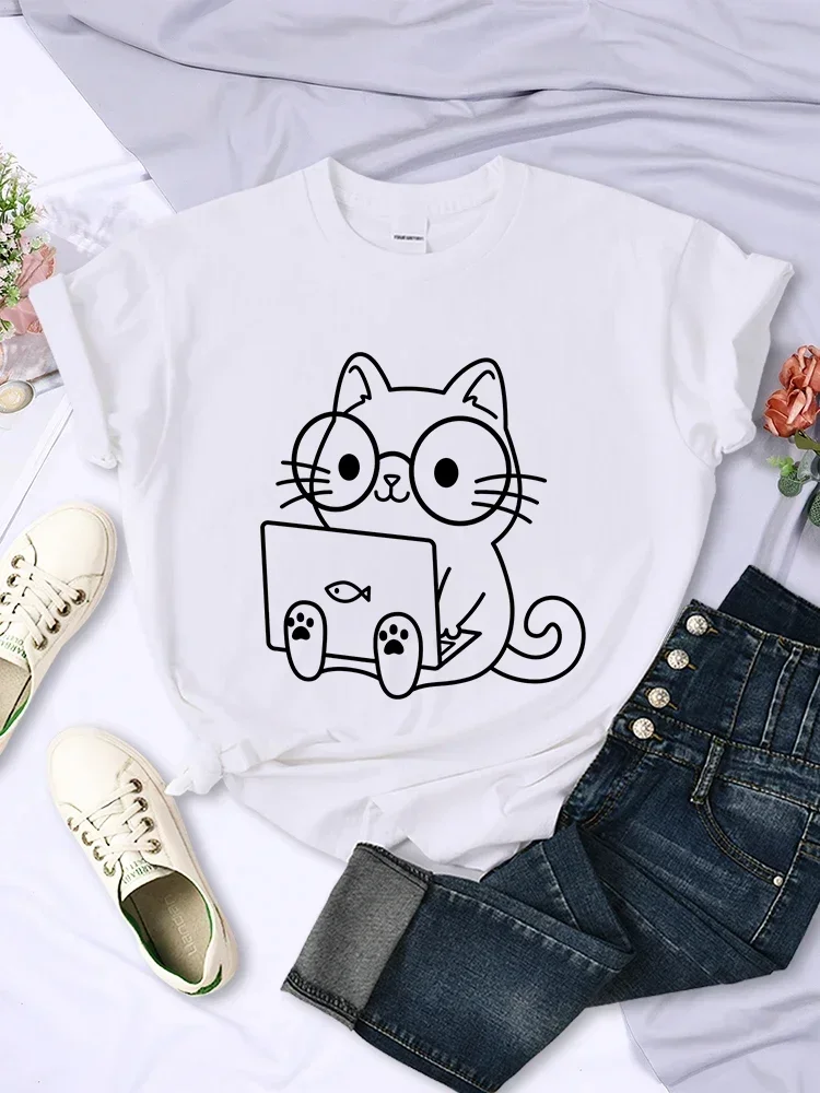 T-Shirt Careful Study of Work Cat Sketches Women Personality Trend Casual Clothing Street Creative Female Tops Short Sleeve Tees