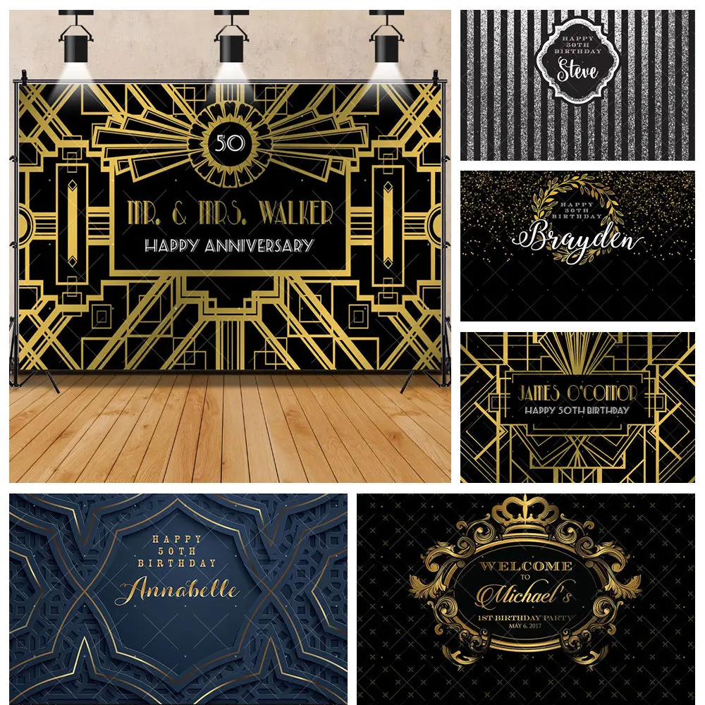 

Black Gold Thread Gentleman Male Father Celebrating Birthday Party Cartoon Backdrop Custom Photography Poster Decor Background