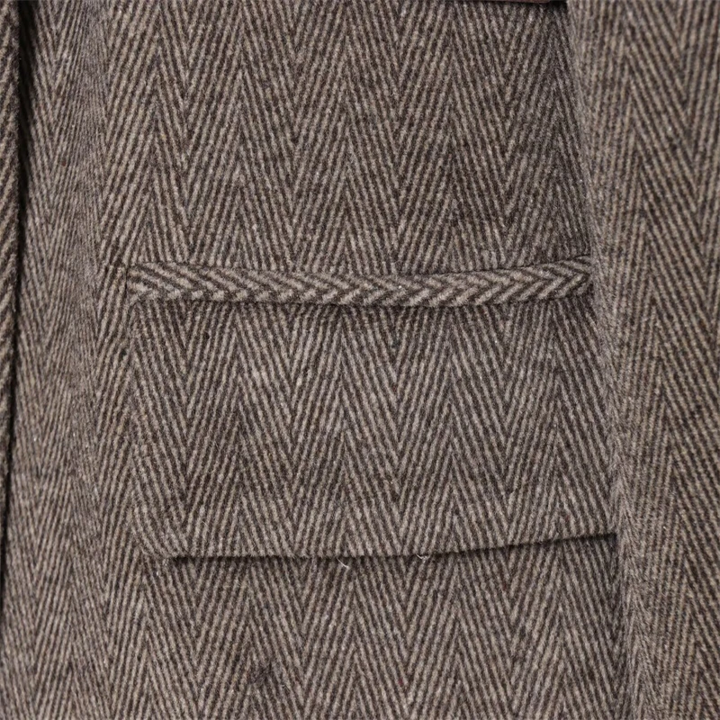 سترة تويد متعرجة للنساء مع حزام، سترة بنية واحدة الصدر وطية صدر السترة، مكتب أنيق وملابس خارجية غير رسمية" #5