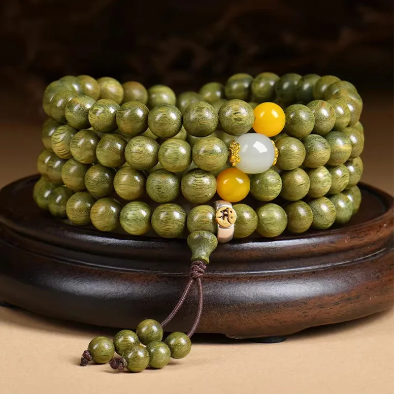 2026 Green Sandalwood 108 Beads Bracelet Chinese Zodiac Blessing Buddha Mala Men Women Buddhist Beads Handheld Wrist Chain Wenwa view 2