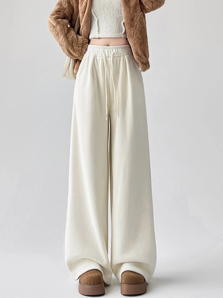 خريف شتاء بنطال ذو قصة أرجل واسعة النساء خمر فضفاض عادية كسول الرياح مستقيم بنطلون الصلبة بسيطة سميكة Harajuku مكتب سيدة السراويل
