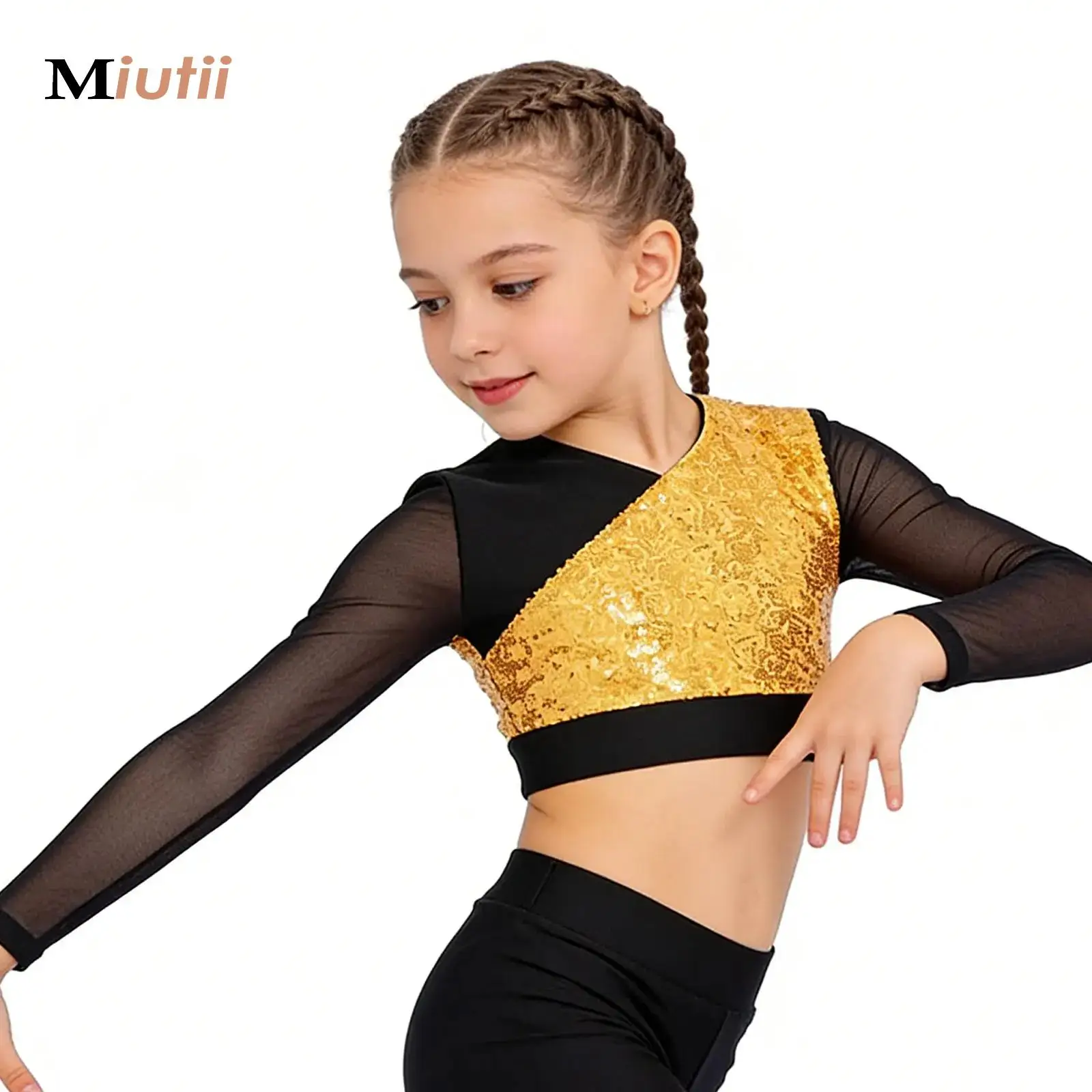 

Kid Girls Sparkling Sequin Crop Top Cheerleading Jazz Dance T-shirts Vest Color Block Long Sleeve Tank Top for Stage Performance
