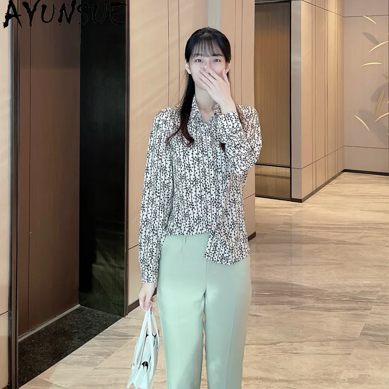 

AYUNSUE 100% Silk Blouse for Woman French-style Chic Shirt Long Sleeves Office Lady Clothes Woman Clothing Blusas De Mujer