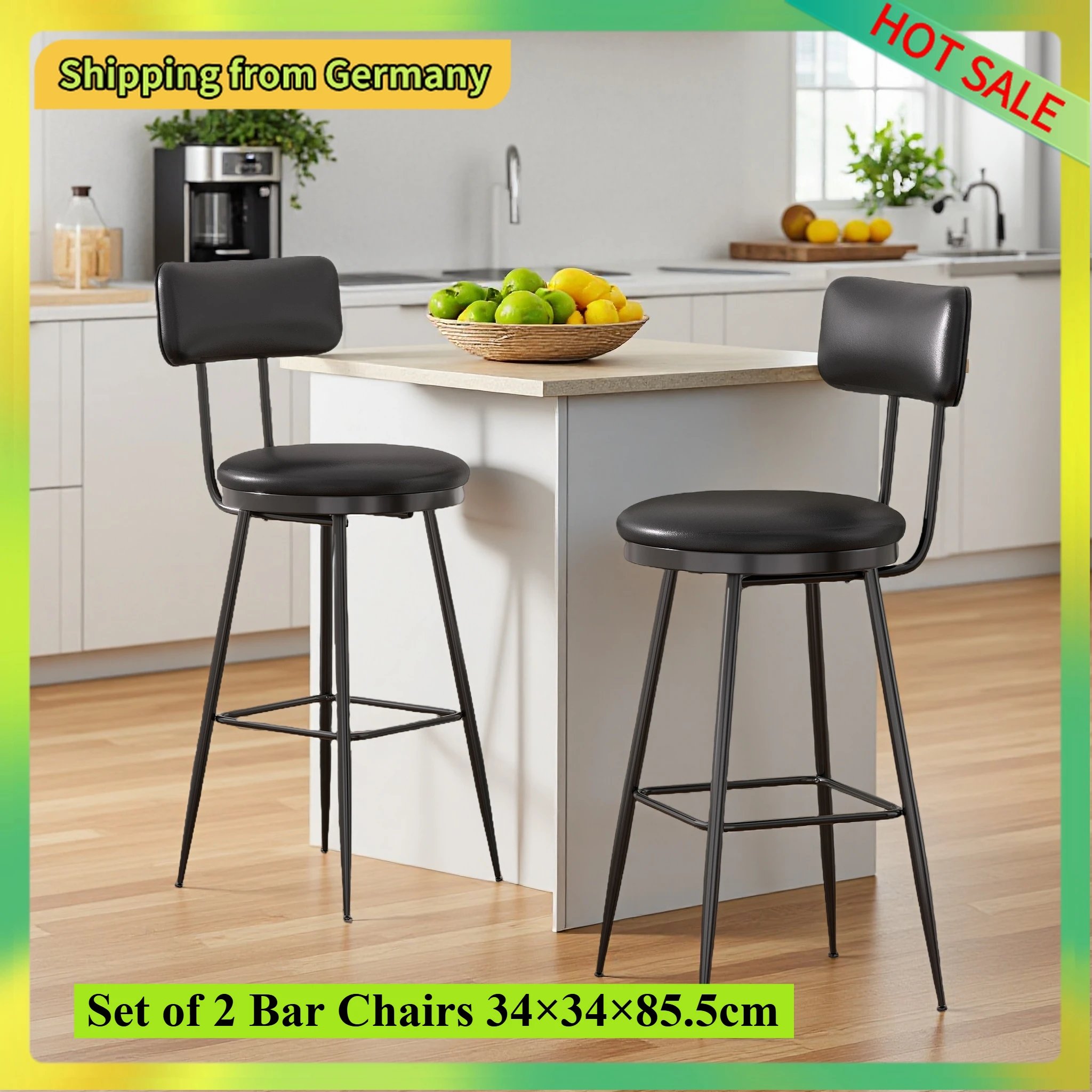 Comanlai 85 cm 2 Stück/Set Barstühle mit hoher Rückenlehne, Barhocker mit Metallbeinen, Küchenstuhl, Hochstuhl für Bar, PU-Leder, Schwarz