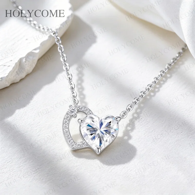 2CT Herzschliff Moissanit-Anhänger Halskette S925 Sterling Silber Platinbeschichtet Doppelherz D-Farbe VVS1 für Damen Feiner Schmuck – Detail 8